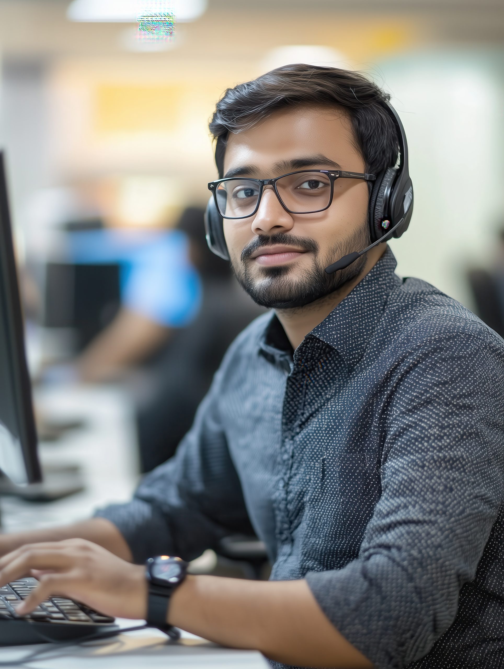 Indian male customer service representative working in busy office