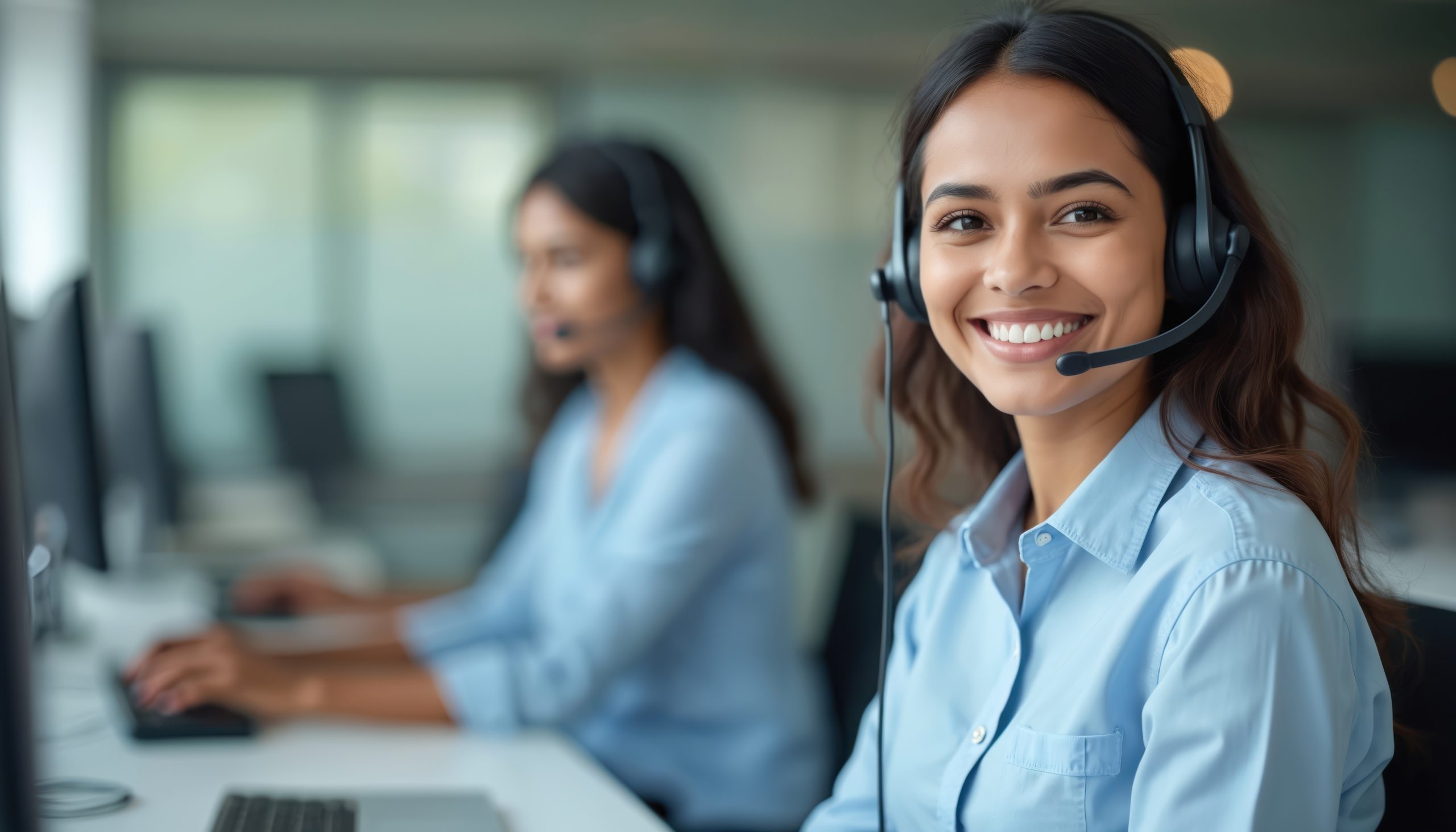 Smiling Indian customer service rep wearing headset in office, support services. Woman works at computer, providing client assistance, tech support. Call center operator, friendly communication.