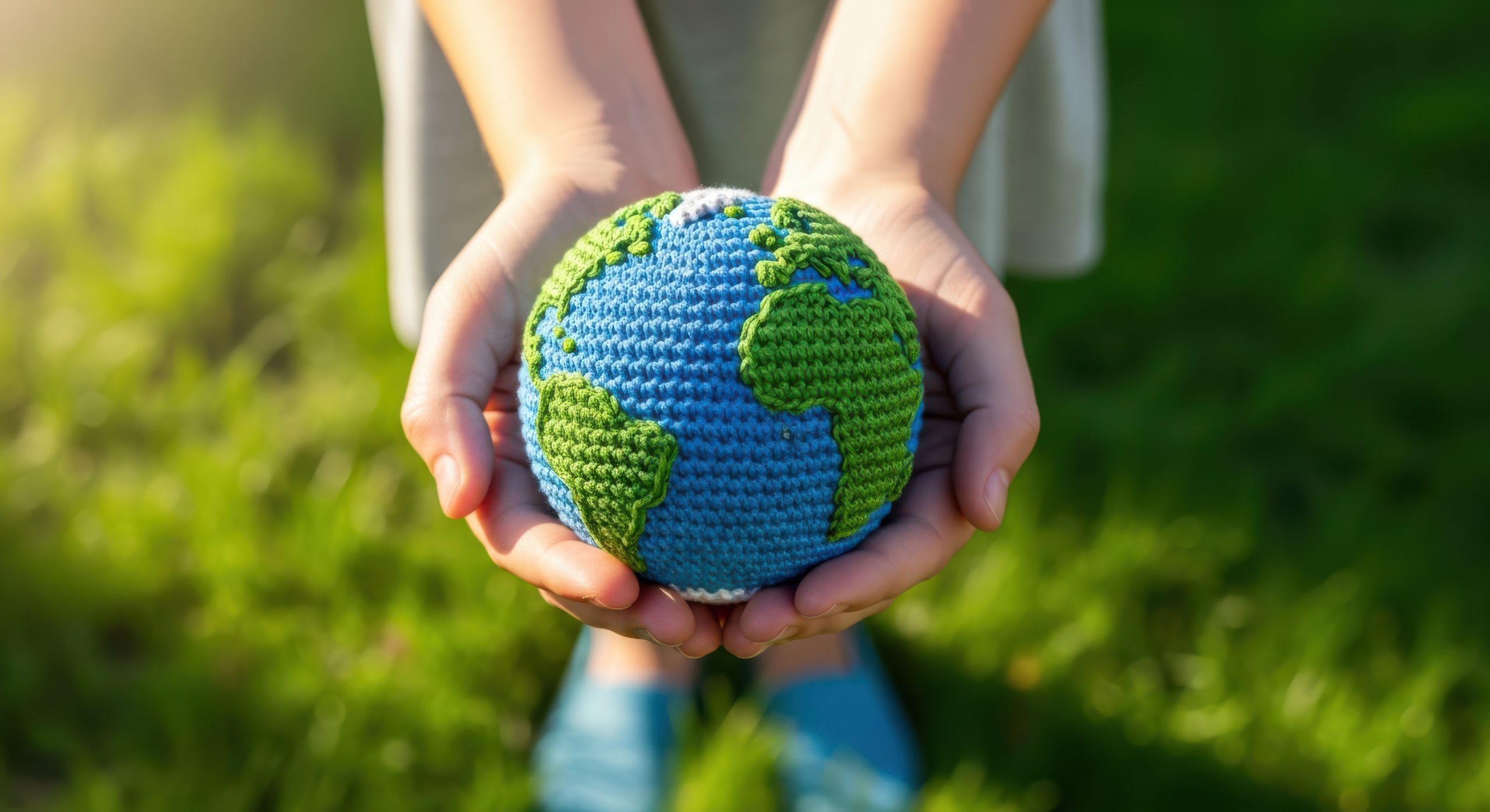 A person tenderly holding a crocheted globe in a lush green outdoor setting symbolizing earth care
