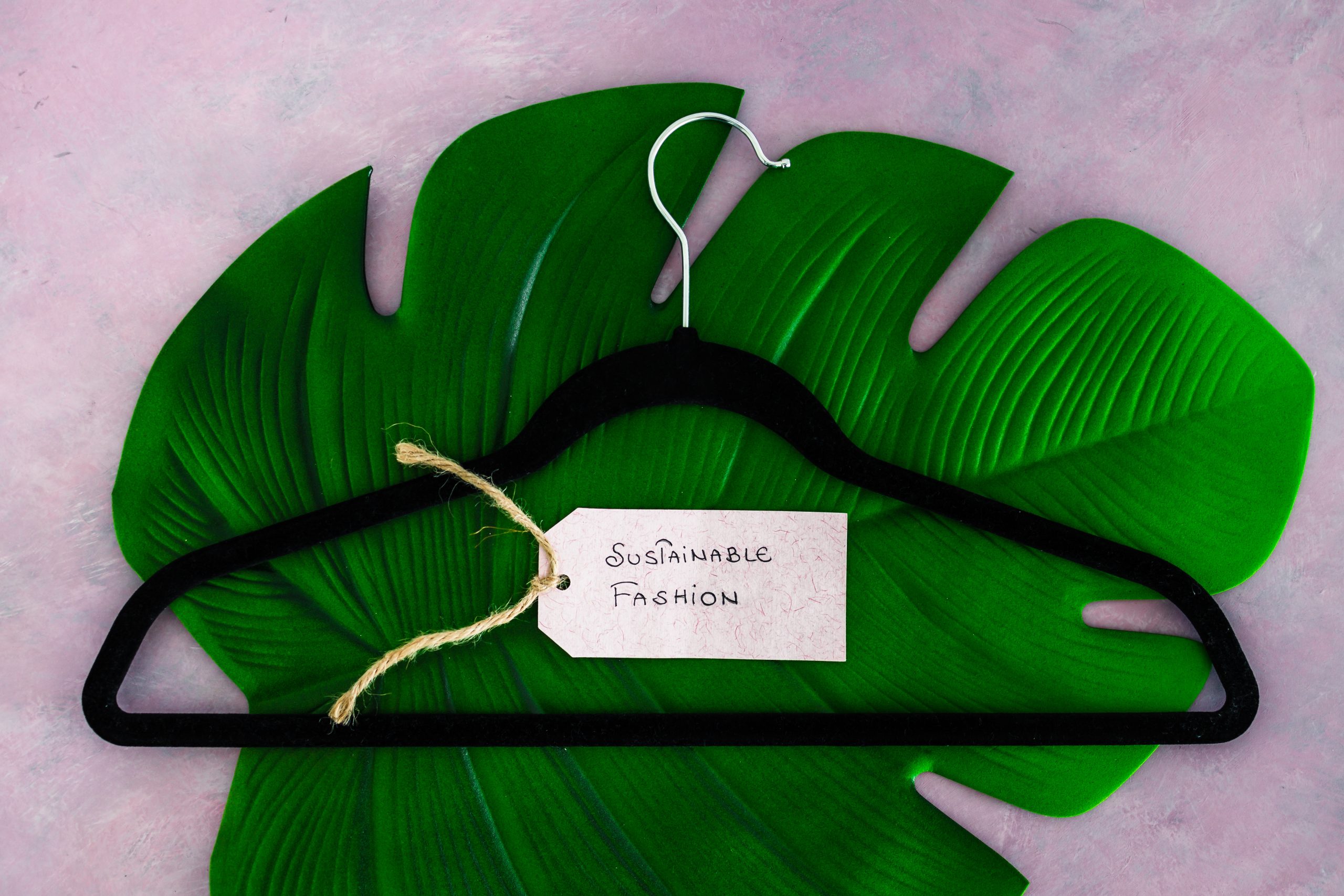 environmentally conscious clothing brands, Sustainable Fashion label with clothes hanger on top of tropical green leaf on pink background