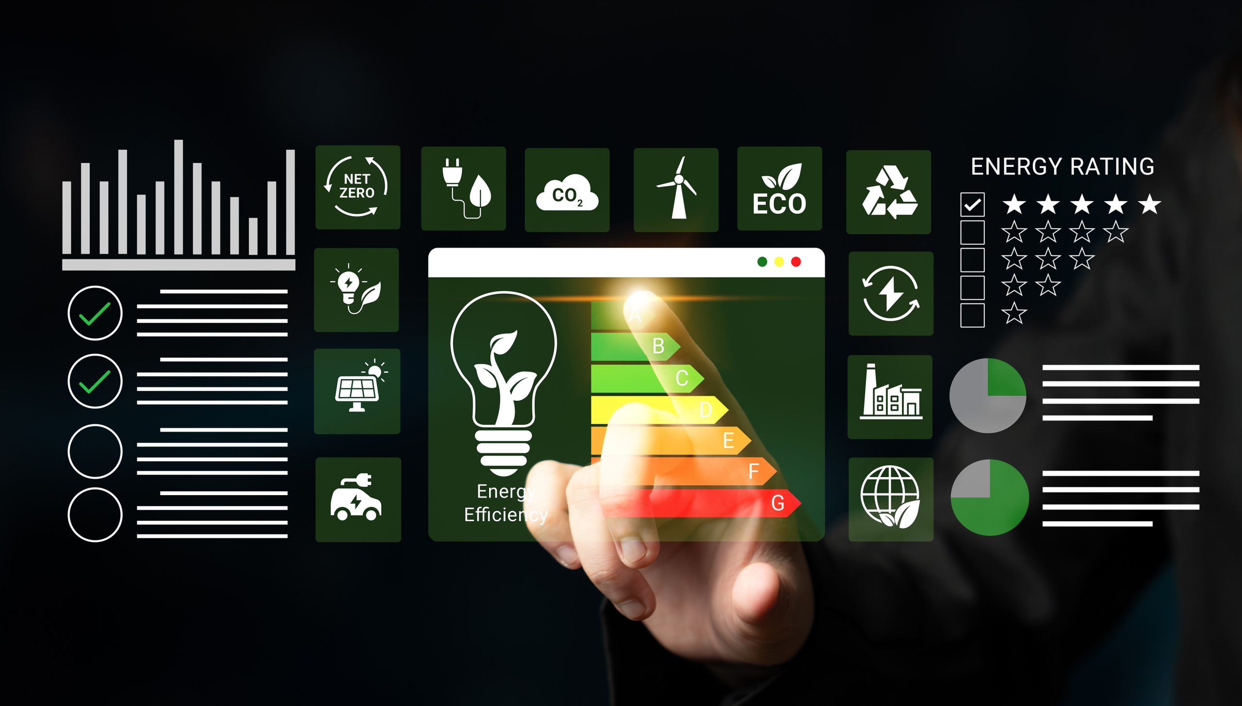Interactive Dashboard for Energy Efficiency Displaying Graphs, Ratings, and Eco-Friendly Icons for Sustainable Development Solutions Ledger