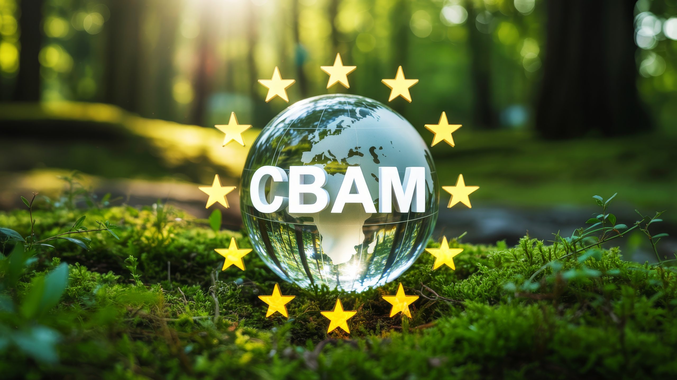 A glass globe with “CBAM” text and stars around it rests on green moss in a sunlit forest, symbolizing environmental awareness and global sustainability.